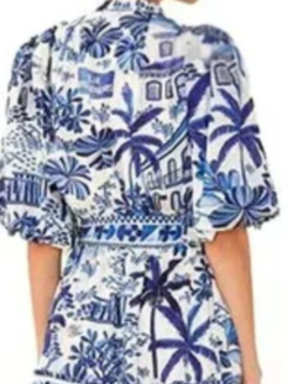 FARM Rio Sweet Rio Blue White Puff Sleeve Belted Mini Dress Size Small - Picture 7 of 7